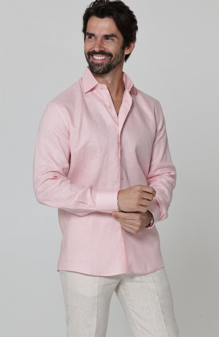 Bradford - Men's Fitted Pink Linen Long Sleeve Shirt w/ Natural Verona Pants