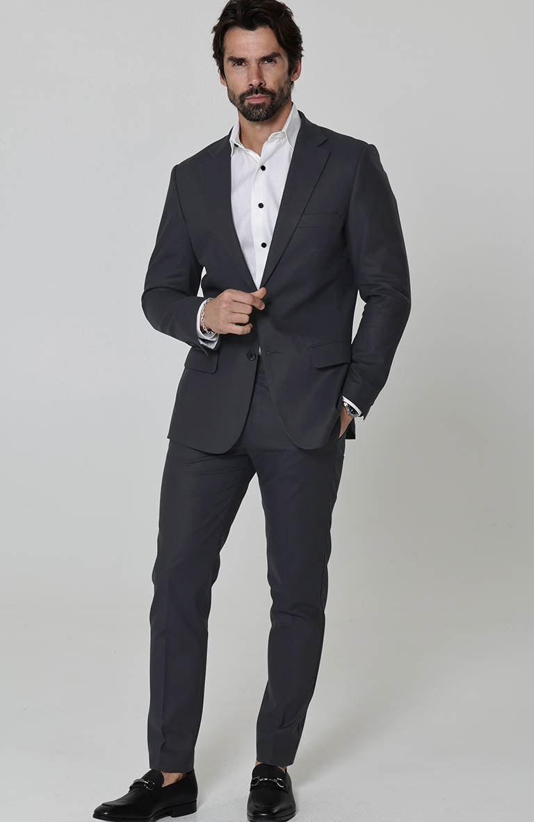 Charcoal Monte Carlo Linen Suit Jacket, w/ Charcoal Verona Pants and White Beckford Linen Groom Shirt