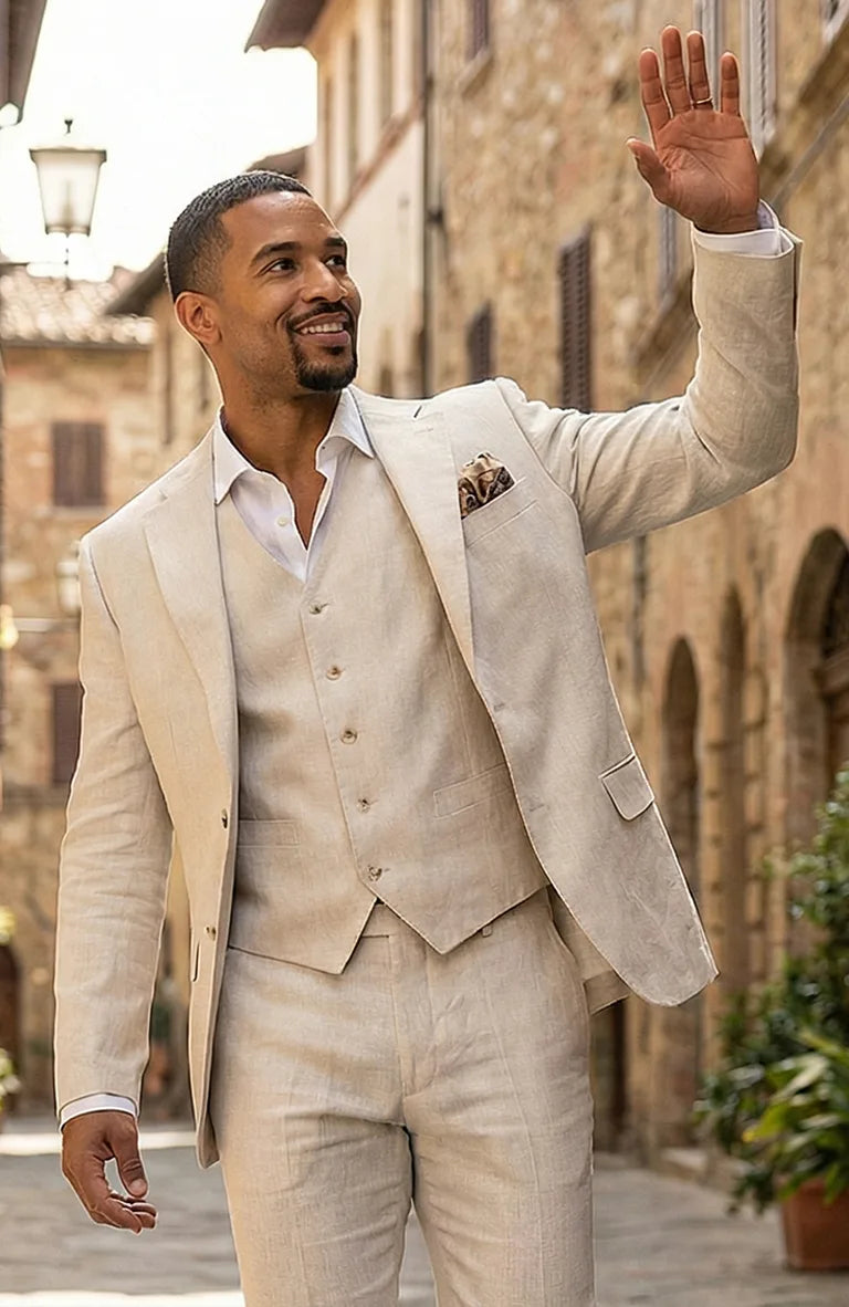Natural Monte Carlo Linen Suit Jacket, w/ Natural Verona Pants and Bradford Shirt