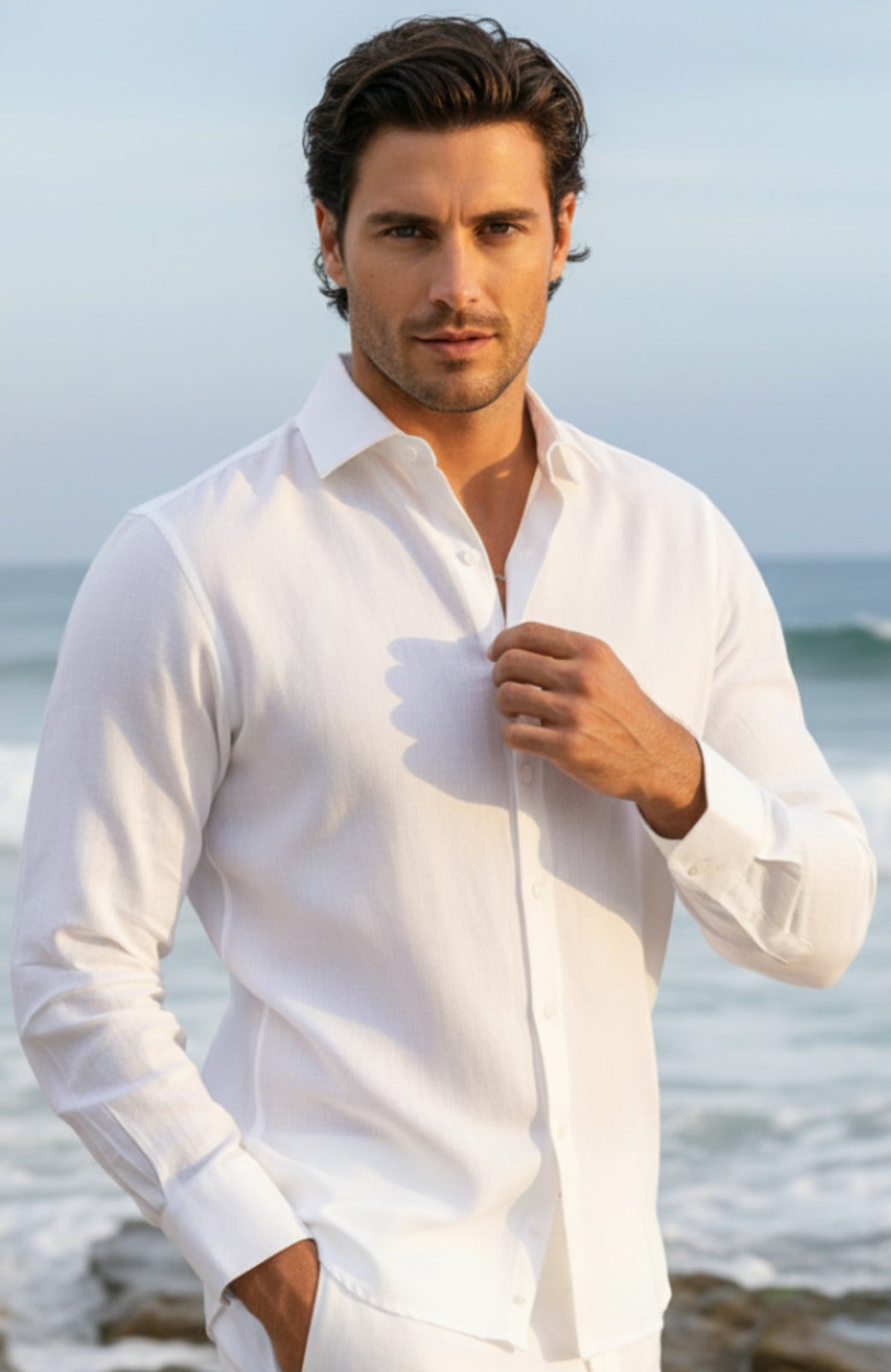 White Bradford Italian Linen Beach Wedding Shirt, White Verona Pants