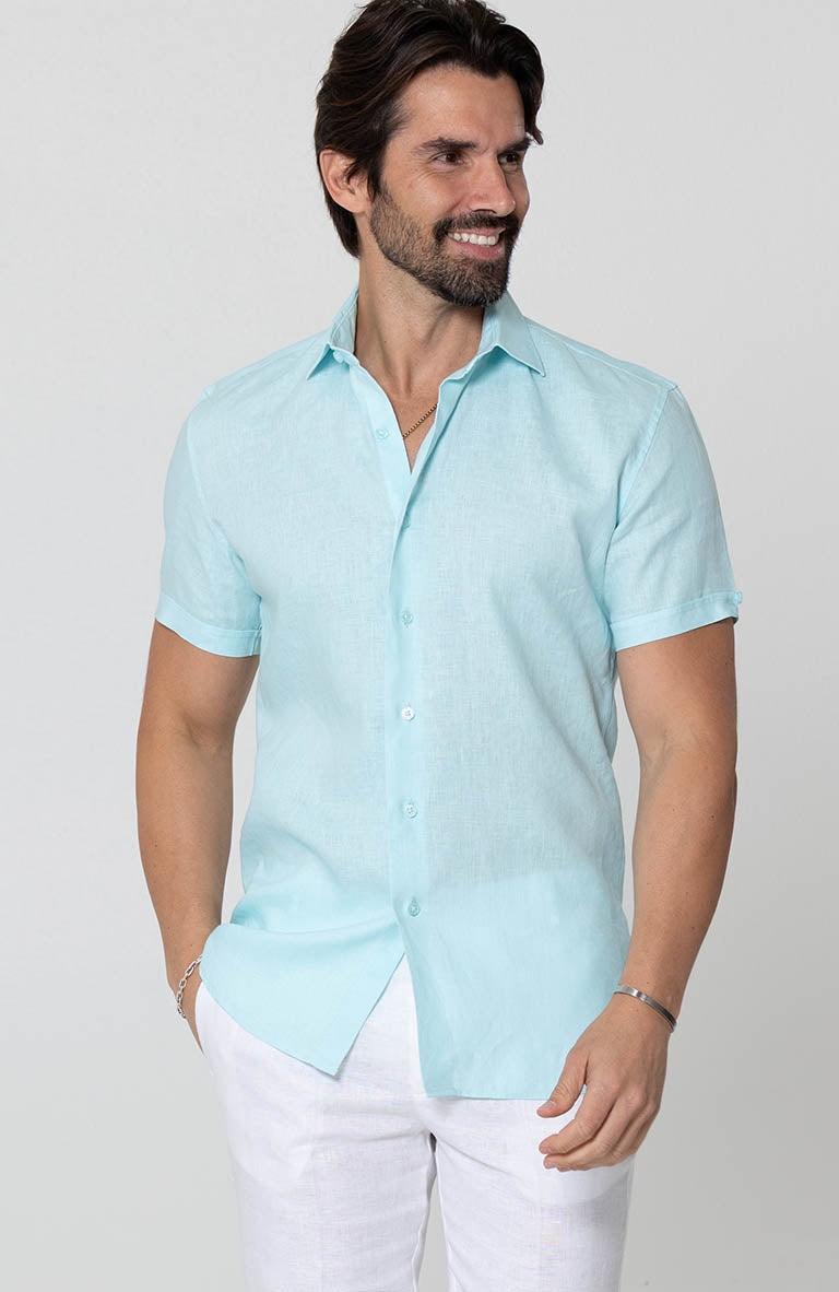 Wedding Attire for Men's Bradford Linen Short Sleeve Shirt in Spa Verona Pants