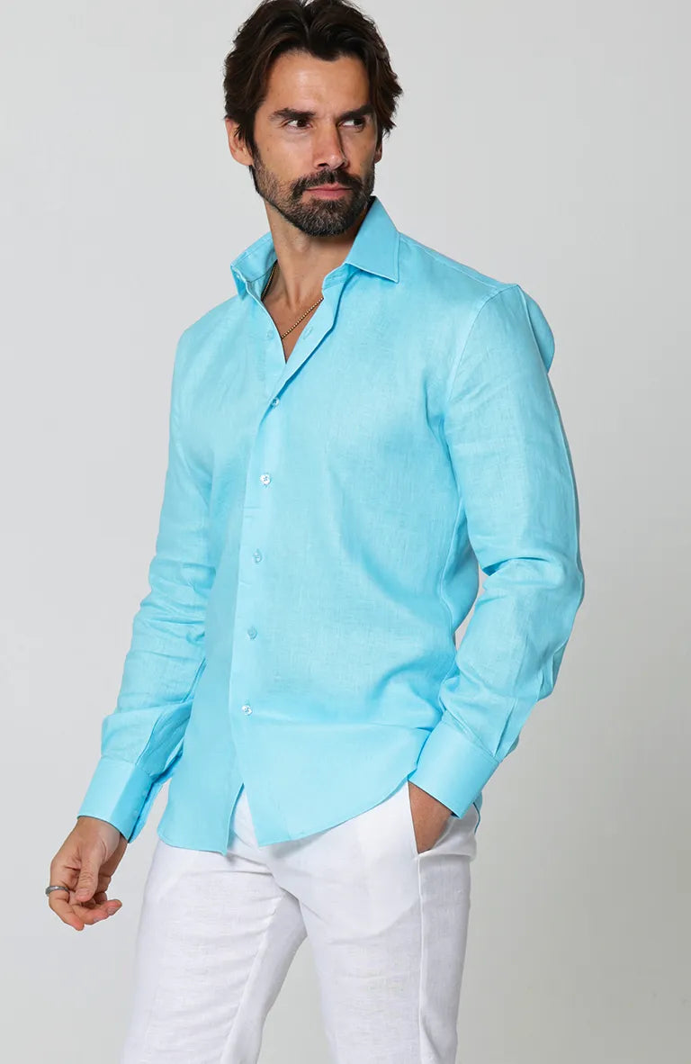 Beach Wedding Attire for Men Bradford Linen Shirt in Pool and White Verona Pants