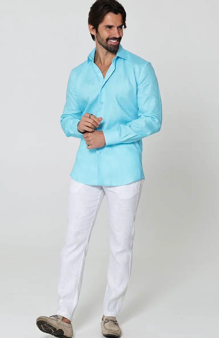Beach Wedding Attire for Men Bradford Linen Shirt in Pool and White Verona Pants