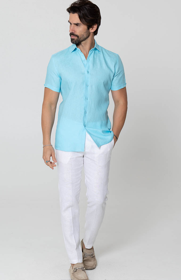 Beach Wedding Attire for Men's Bradford Linen Short Sleeve Shirt in Pool White Verona Pants