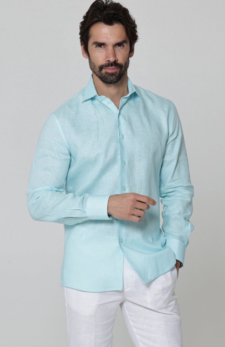 Bradford Linen Wedding Shirt in Spa, White Pants