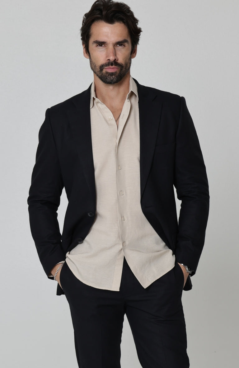 Black Monte Carlo Linen Suit Jacket, w/ Black Verona Pants and Ecru Beckford Italian Linen Shirt
