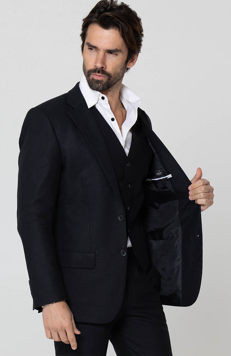Black Monte Carlo Linen Suit Jacket, w/ Black Verona Pants and Bradford Linen Groom Shirt