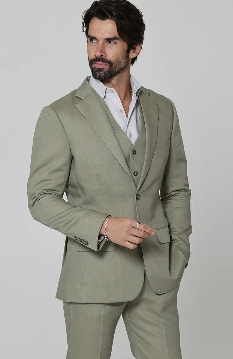 Monte Carlo Summer Linen Suit Sage with Sage Monaco Vest, and Verona Italian Linen Pants in Sage