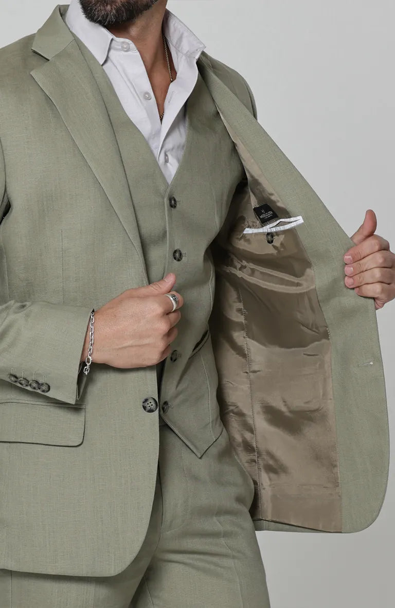 Monte Carlo Summer Linen Suit Sage with Sage Monaco Vest, and Verona Italian Linen Pants in Sage