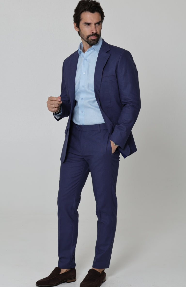 Monte Carlo Lightweight Linen Suit Soft Navy Ice Blue Bradford