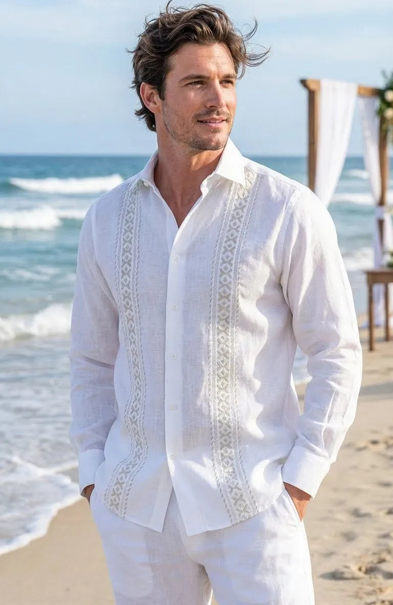 Butterfly Havana Italian Linen Guayabera Shirt, White w/Silver Gray Embroidery