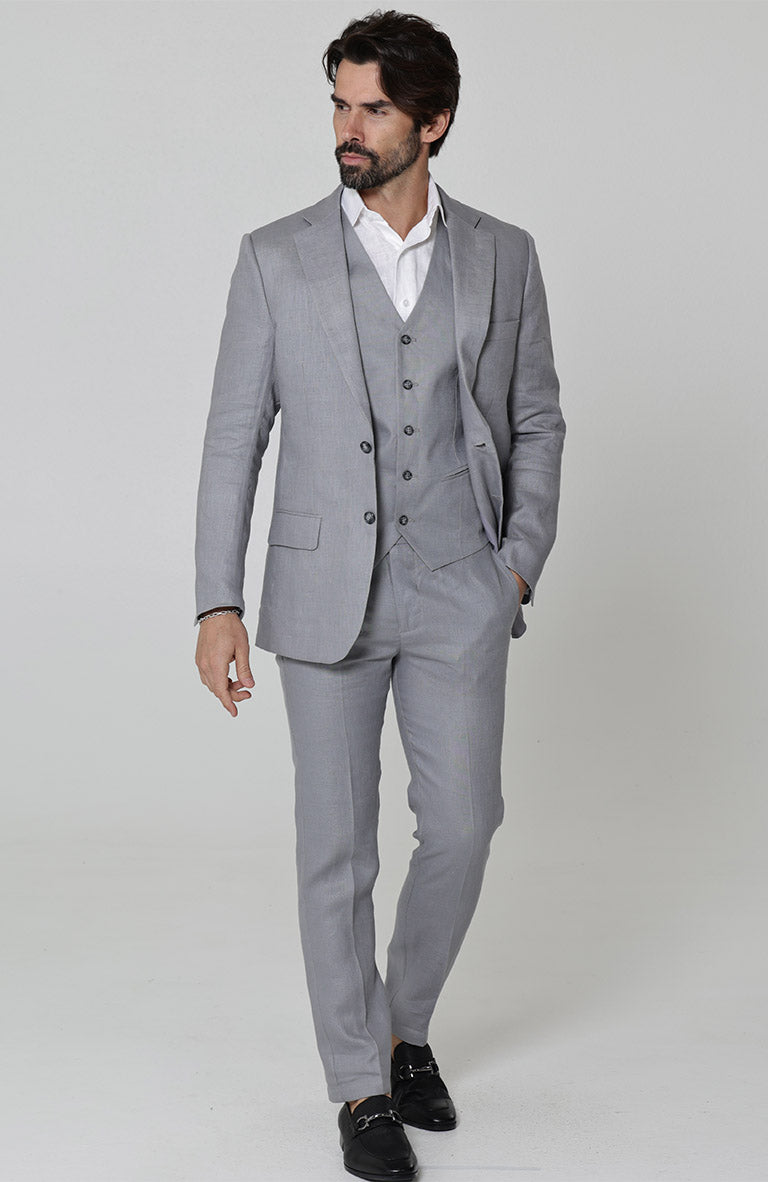 Steel Gray Monte Carlo Linen Suit Jacket, w/Steel Gray Verona Pants and White/Gray Mauritius Shirt.