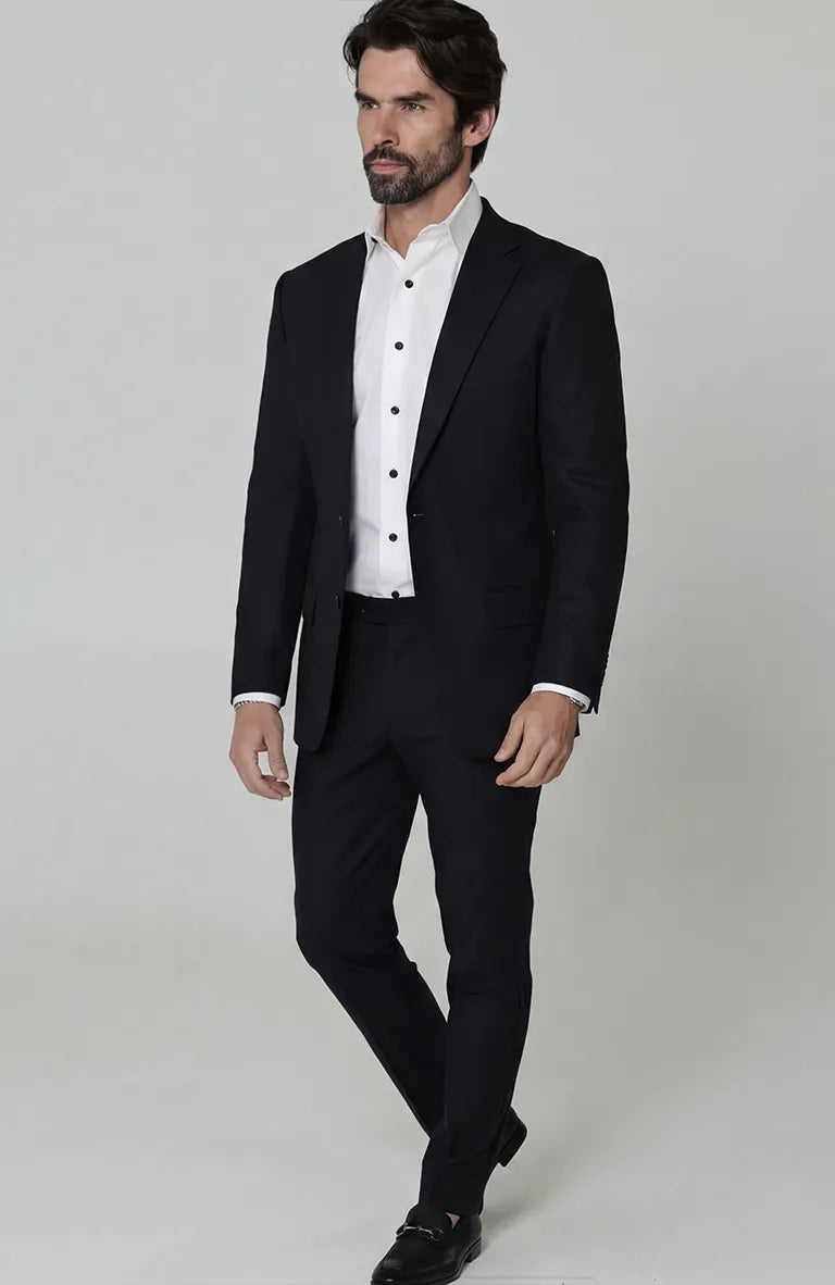 Black Monte Carlo Linen Suit Jacket w/ Black Verona Pants and White Bradford Linen Groom Shirt