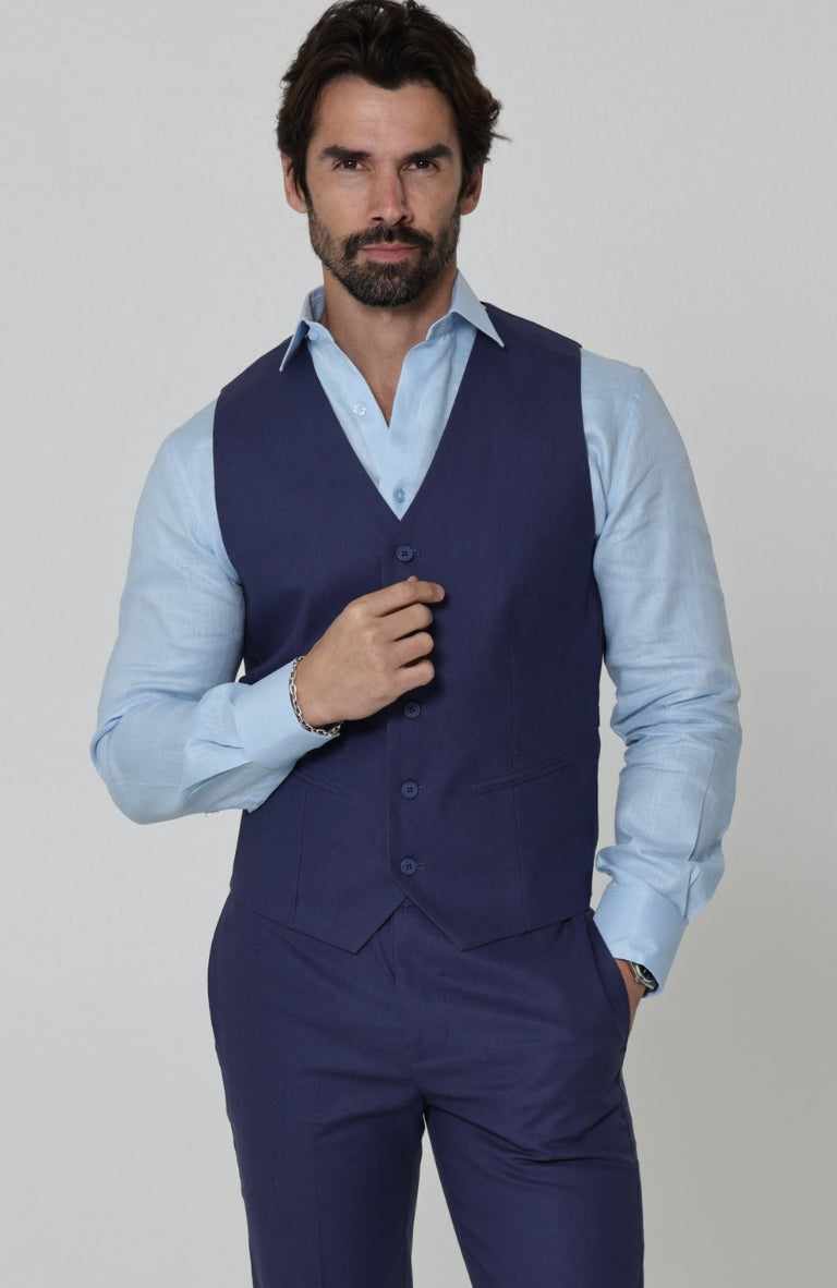 Monaco Men’s Linen Summer Vest Soft Navy with Verona Italian Linen Pants in Soft Navy and Ice Blue Bradford