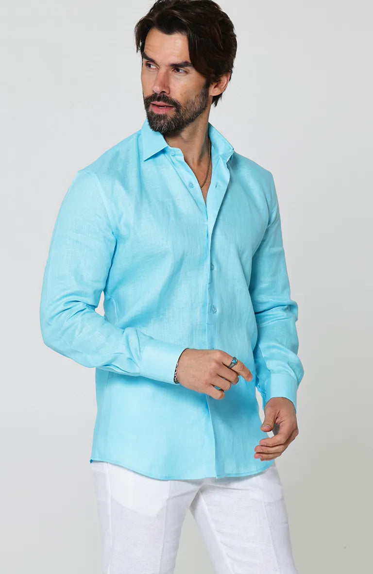 Beach Wedding Attire for Men Bradford Linen Shirt in Pool and White Verona Pants