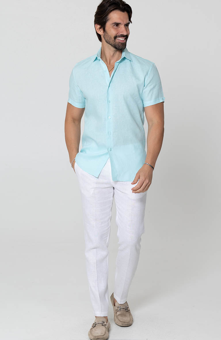 Beach Wedding Attire for Men's Bradford Linen Short Sleeve Shirt in Spa White Verona Pants