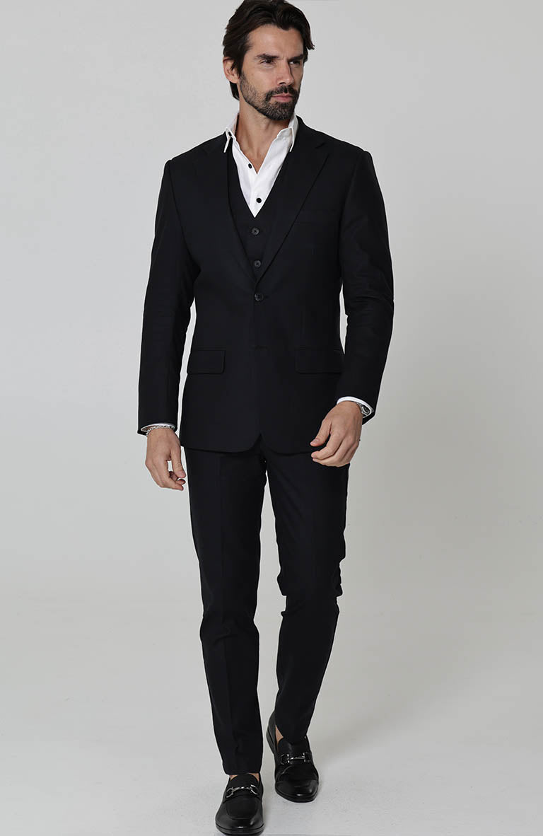 Black Monte Carlo Linen Suit Jacket w/ Black Verona Pants and White Bradford Linen Groom Shirt