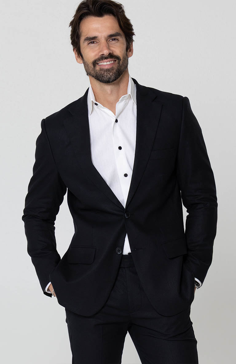 Black Monte Carlo Linen Suit Jacket, w/ Black Verona Pants and  Bradford Linen Groom Shirt