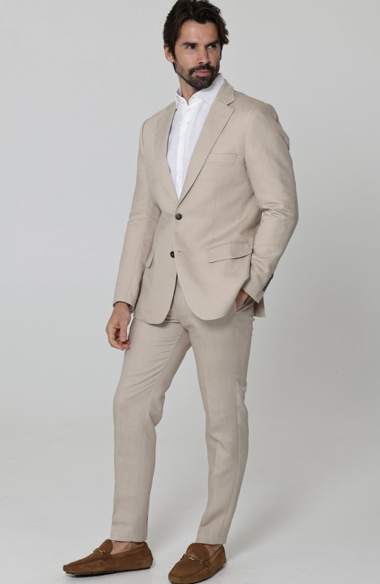 Monte Carlo Summer Linen Suit Jacket in Latte with Verona Italian Linen Pants in Latte