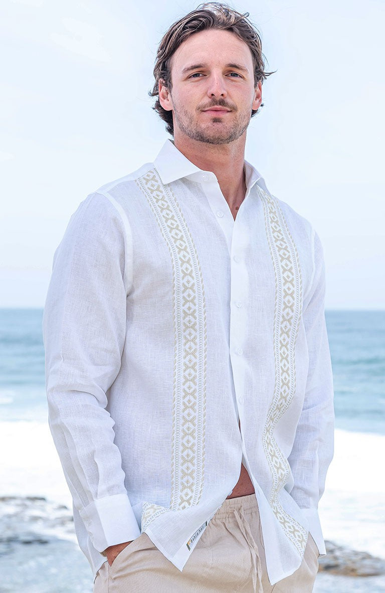 Butterfly Linen Wedding Shirt White w/Natural Embroidery, Natural Velero Pants