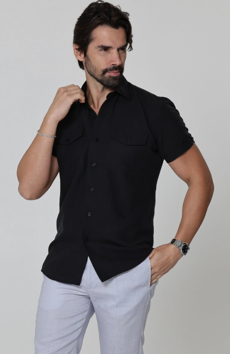 Beckford Breathable Linen Shirts Black with Italian Linen Pants in Blue Silver