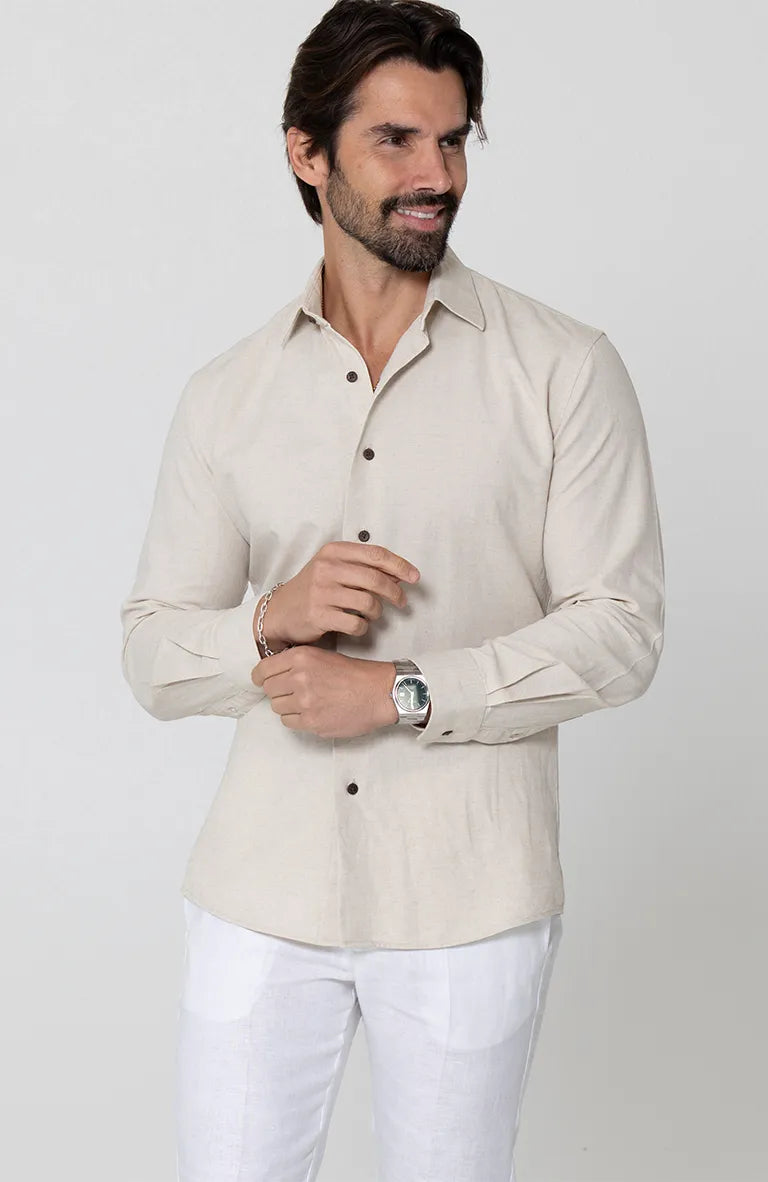 Beckford Italian Linen Shirt in Natural and Coconut Buttons, White Verona Pants
